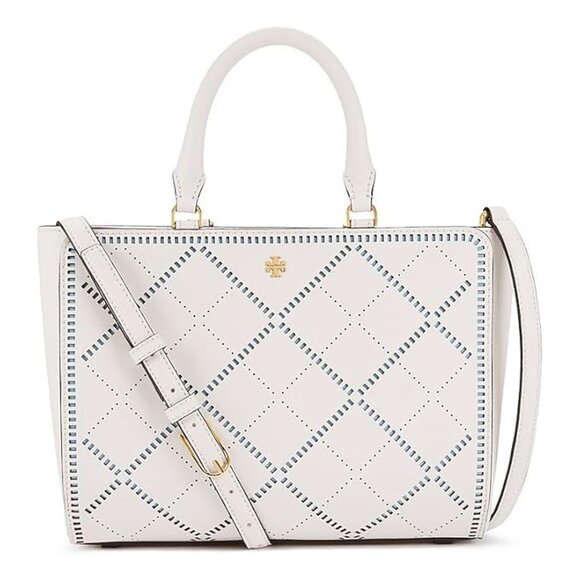 Tory Burch Robinson Crosshatch Leather Satchel Bag Ivory Riviera Blue Handbag NW - Picture 3 of 6